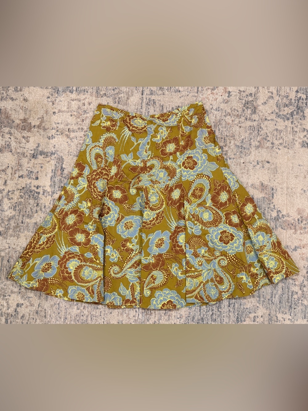 Y2K Madison Studio Mustard Green and Light Blue Floral Paisley Skirt